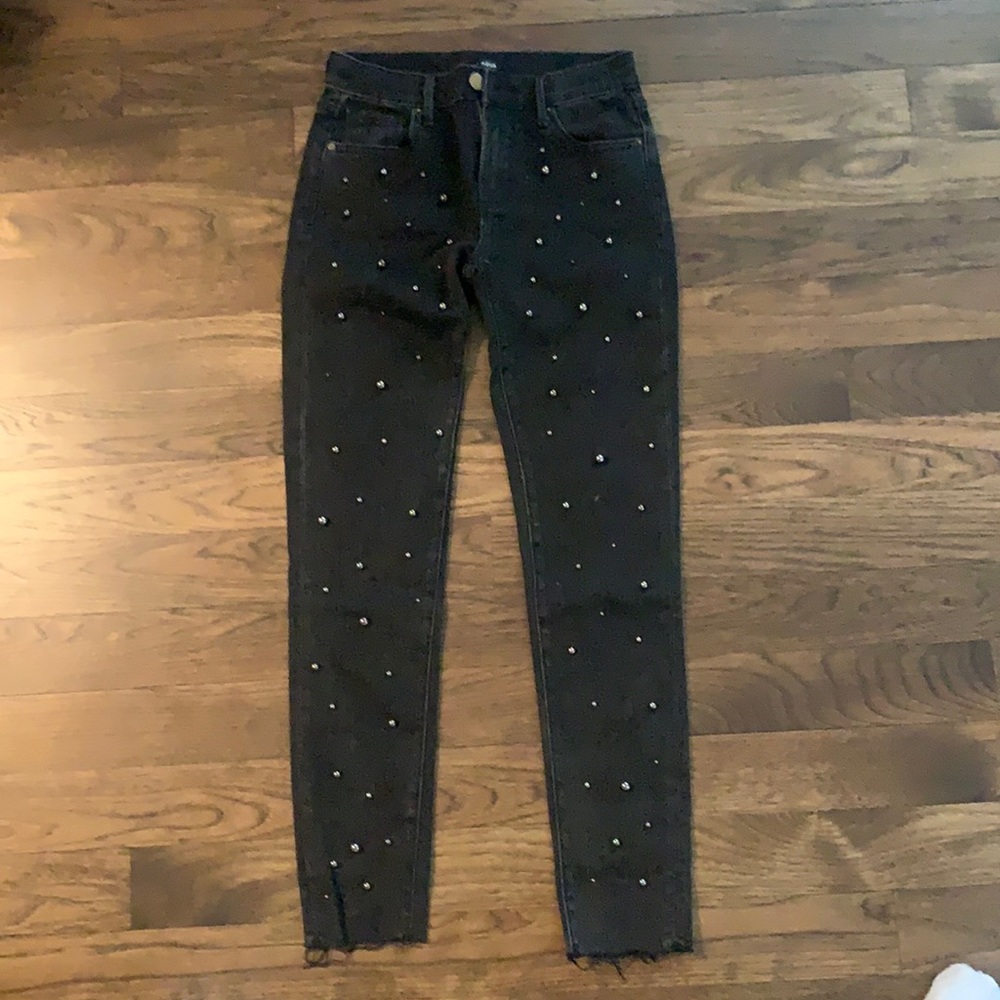 Aqua black skinny jeans with silver beaded detail
